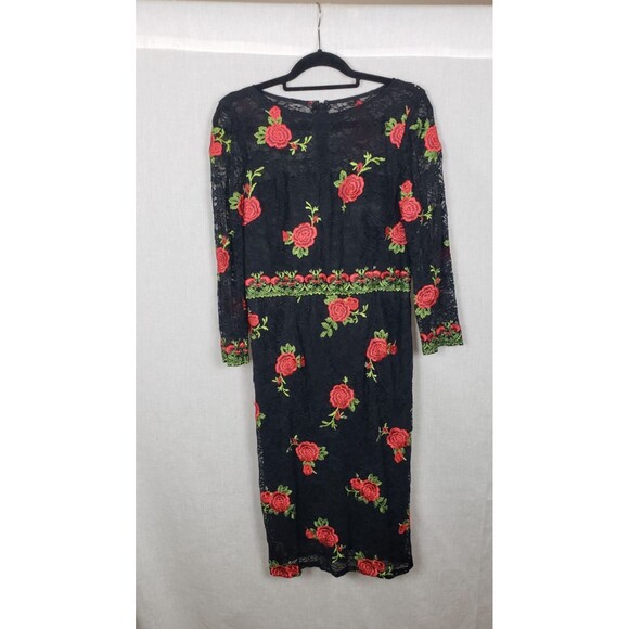 David Meister Lace Midi‎ Dress 14 Black Embroidered Red Roses Whimsy Regencycore - Picture 1 of 6